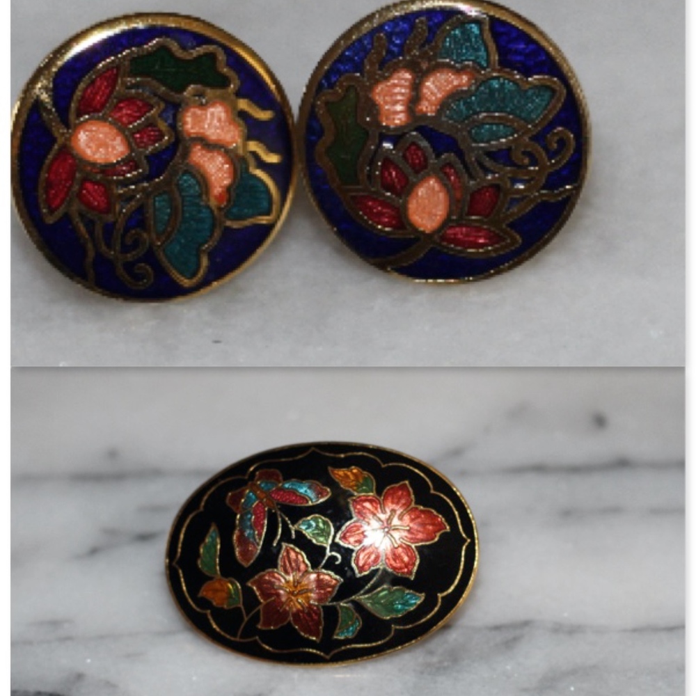 Oval Multi Color Oval Brooch & Earrings Set